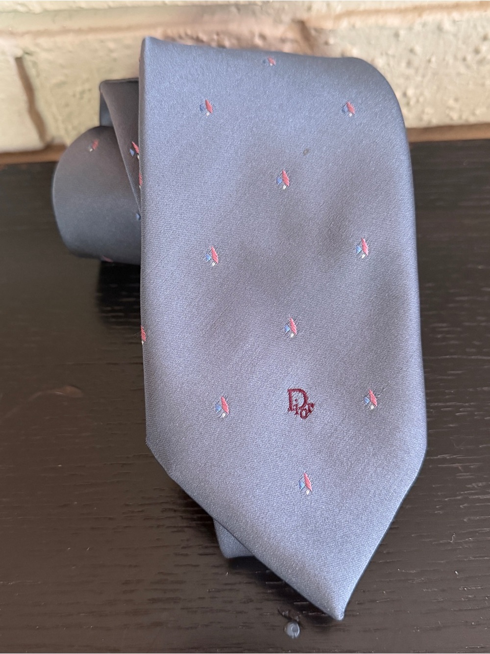 Christian Dior Mens Gray Sailboat Silk Blend Tie Vintage Logo Necktie Designer